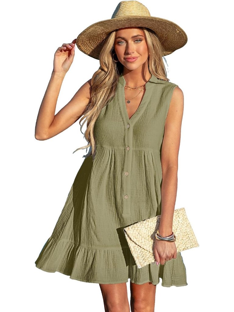Womens Olive Green Cotton Swimsuit Coverup Beach Cover Up Button Down Ruffle Hem